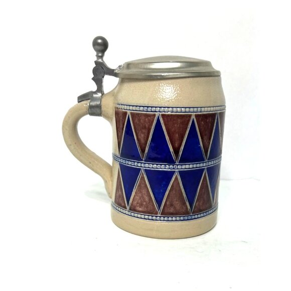 Vintage BMF German Beer Stein Pewter Lid Salt Glaze Blue Maroon Argyle Diamonds - Picture 3 of 10